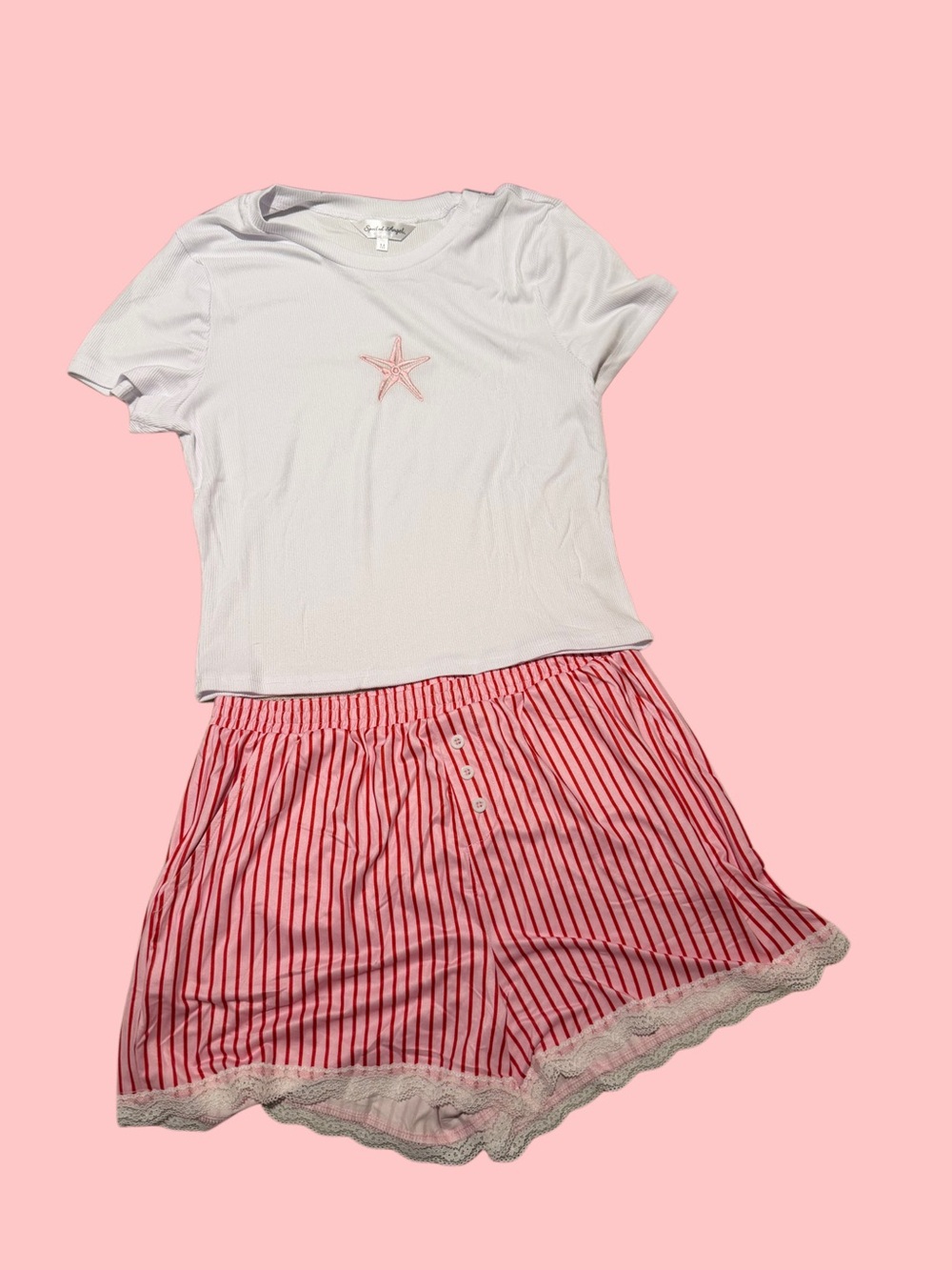 Y2K Starfish Tee & Pink Striped Shorts Set